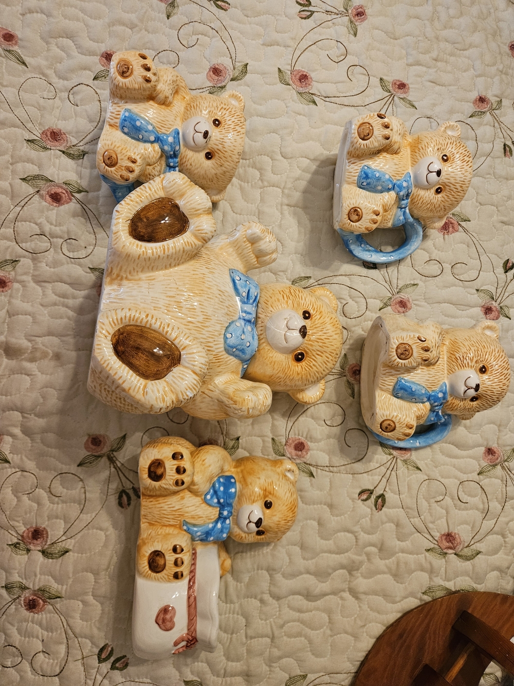 Vintage 1980s Ceramic Teddy Bear 5-Piece Kitchen Set Theodore Bear"